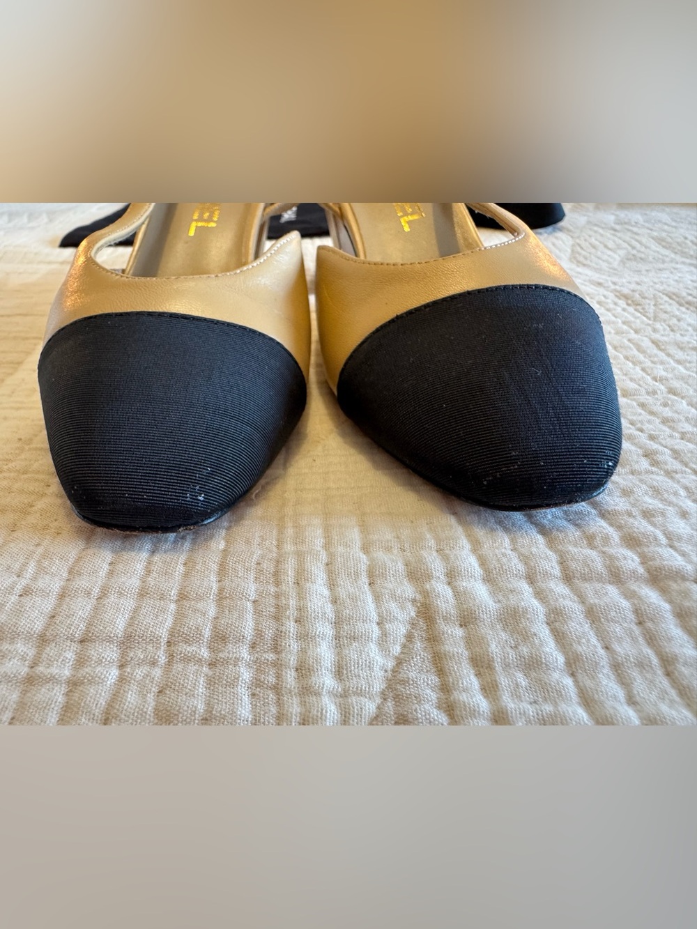 Chanel Goatskin Grosgrain Cap Toe Sling back Heel Two Tone Beige Black Sz 37 - Picture 6 of 11